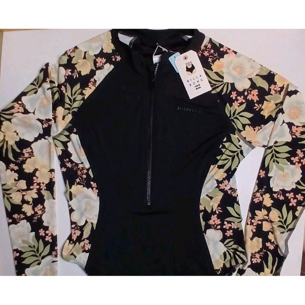BILLABONG Swimsuit Sz M/L Zip Front Long Sleeve UV Protection Black/Tropical $99 - Picture 2 of 16